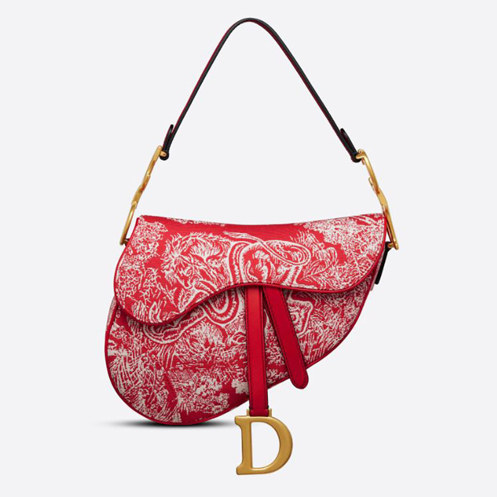 Front view of Dior Women Saddle Bag Toile DE Jouy Reverse Jacquard-Red