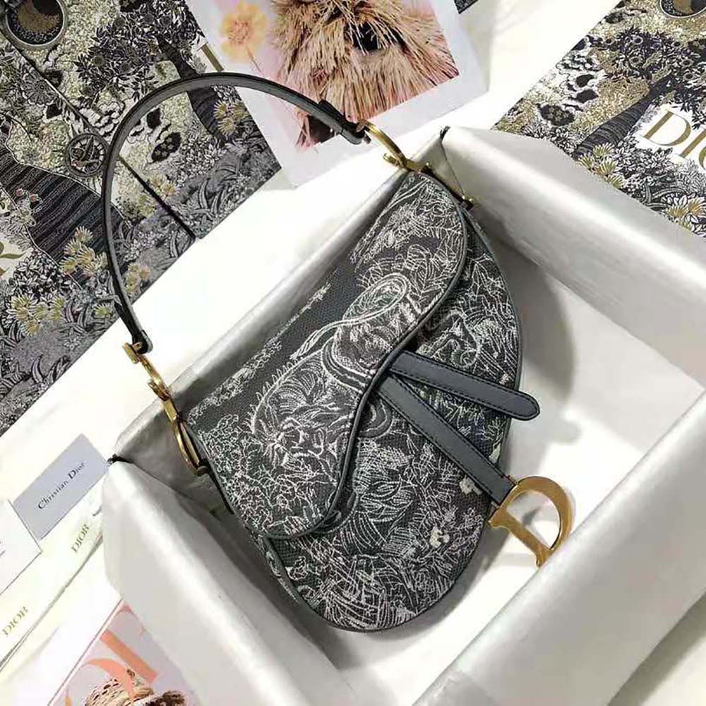 Close-up on silver-tone hardware of Dior Women Saddle Bag Toile DE Jouy Reverse Jacquard-Silver