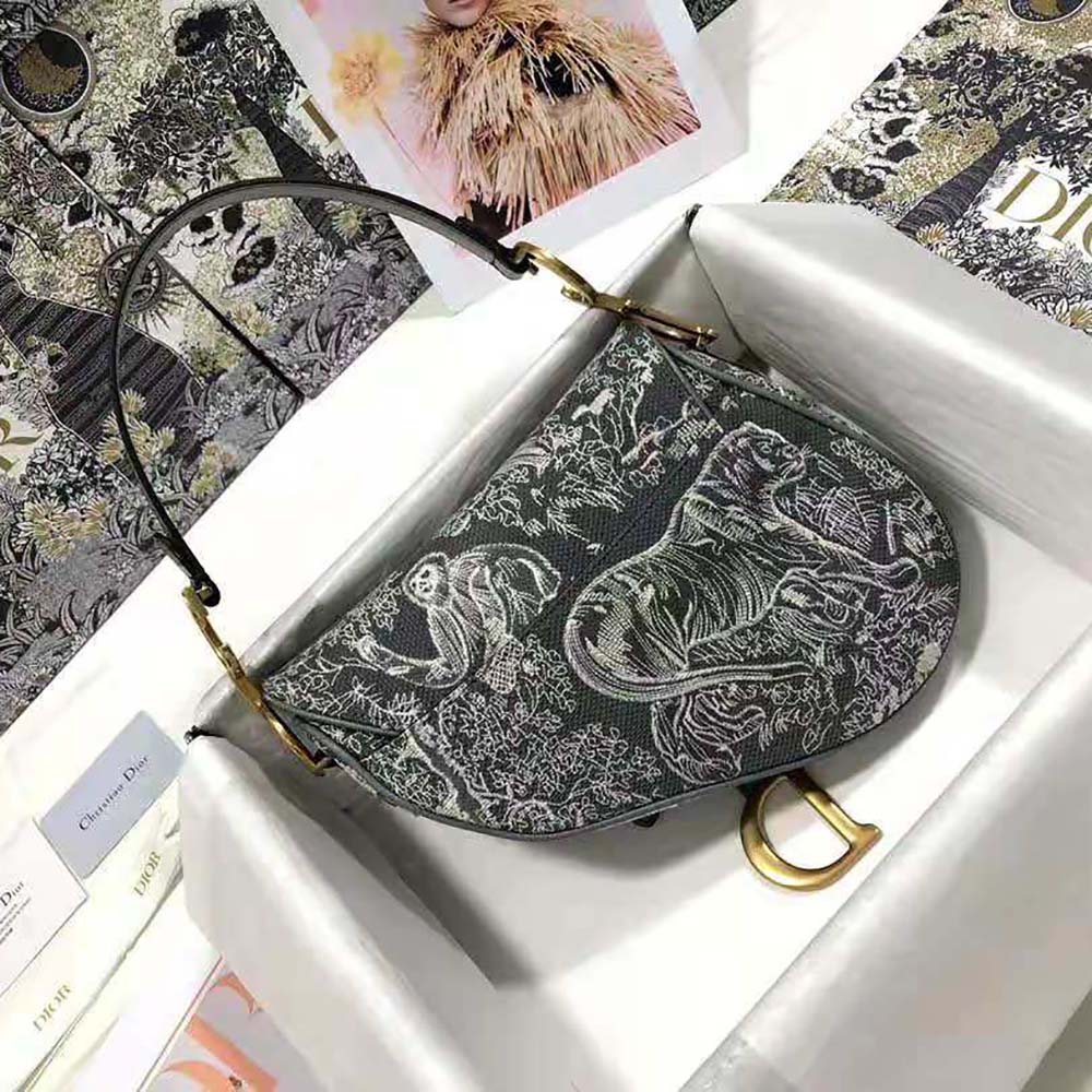 Side angle showcasing the silhouette of Dior Women Saddle Bag Toile DE Jouy Reverse Jacquard-Silver
