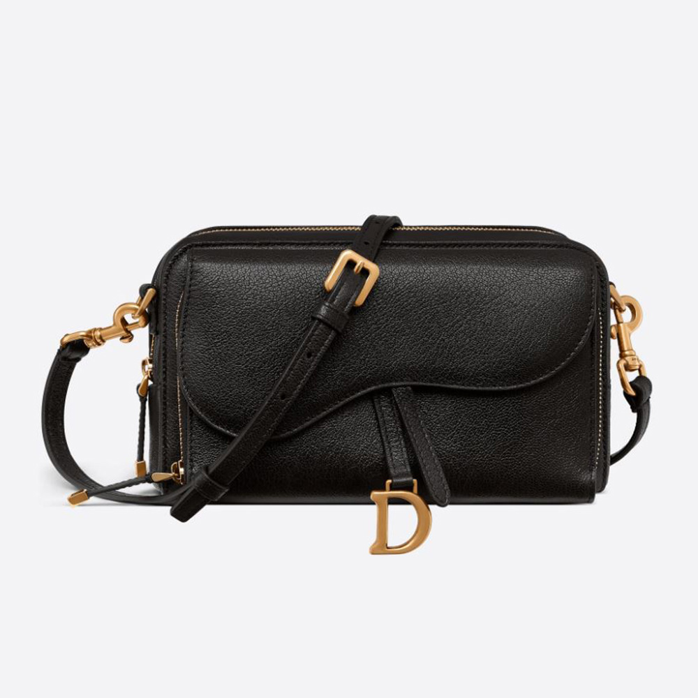 Front view of Dior Women Saddle Double Pouch Goatskin-Black with flap closed