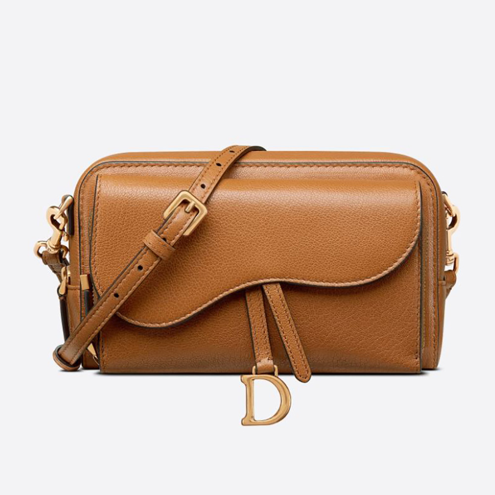 Front view of Dior Women Saddle Double Pouch Goatskin-Brown bag