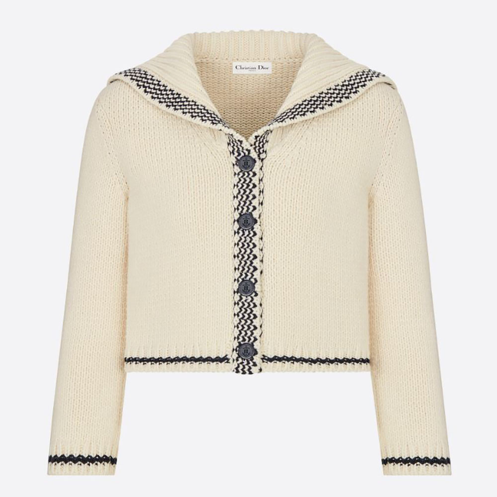 Front view of Dior Women Sailor Collar Cardigan Ecru Wool and Cashmere Knit