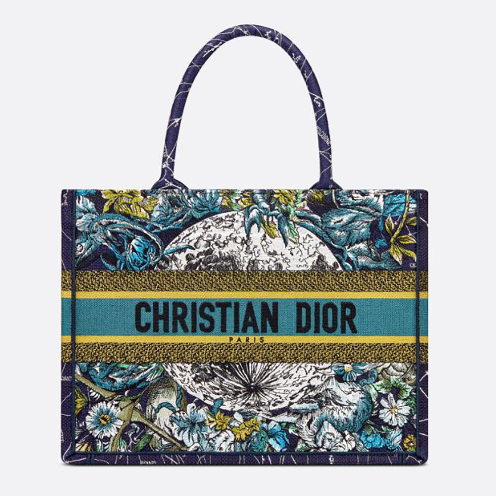 Front view of Dior Women Small Dior Book Tote Blue Dior Constellation Embroidery