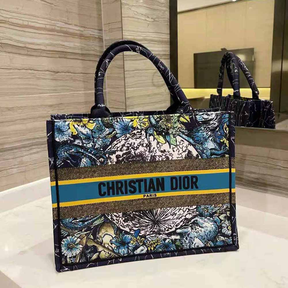 Close-up of constellation embroidery on Dior Women Small Dior Book Tote Blue