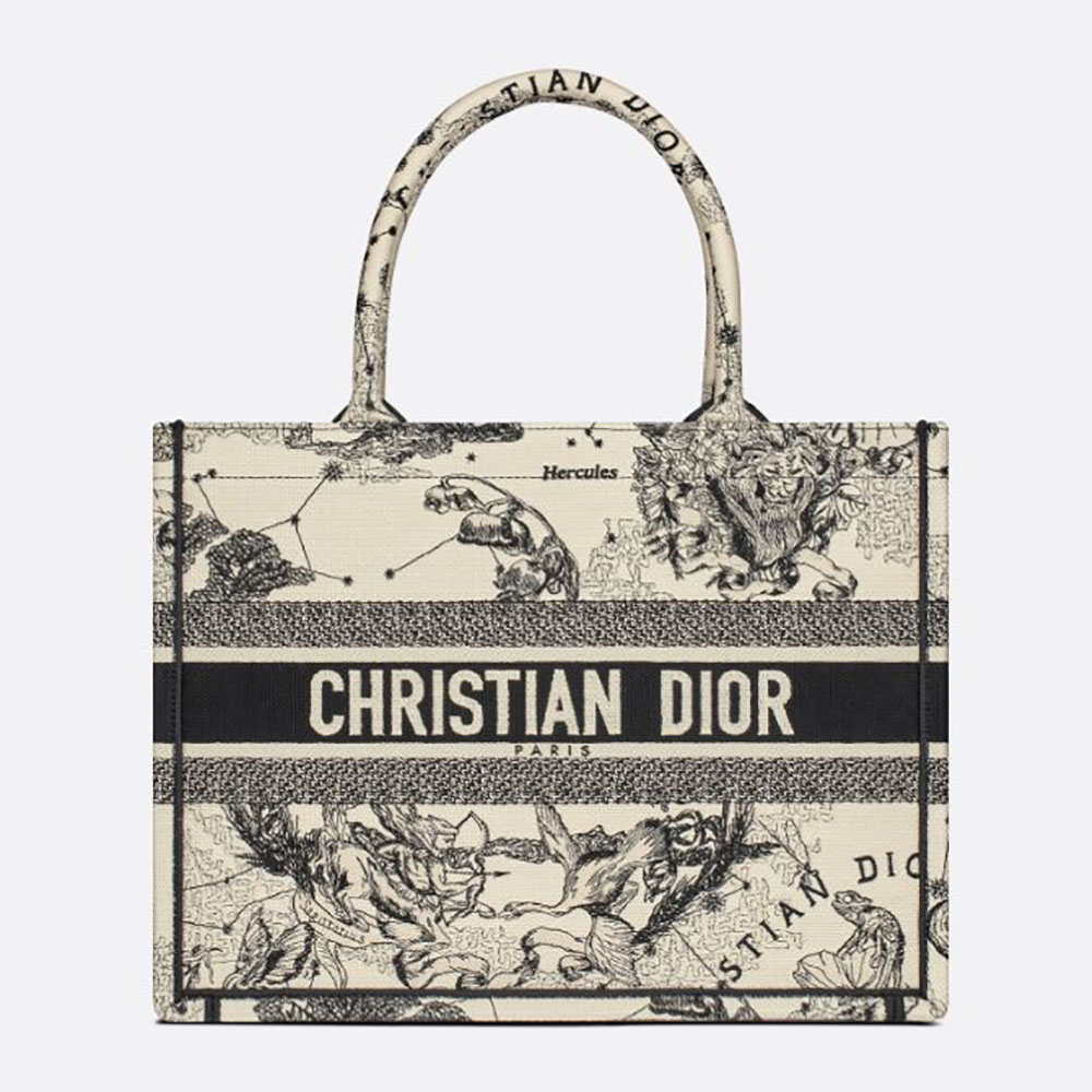 Front view Small Dior Book Tote Latte Multicolor Dior Zodiac Embroidery in black