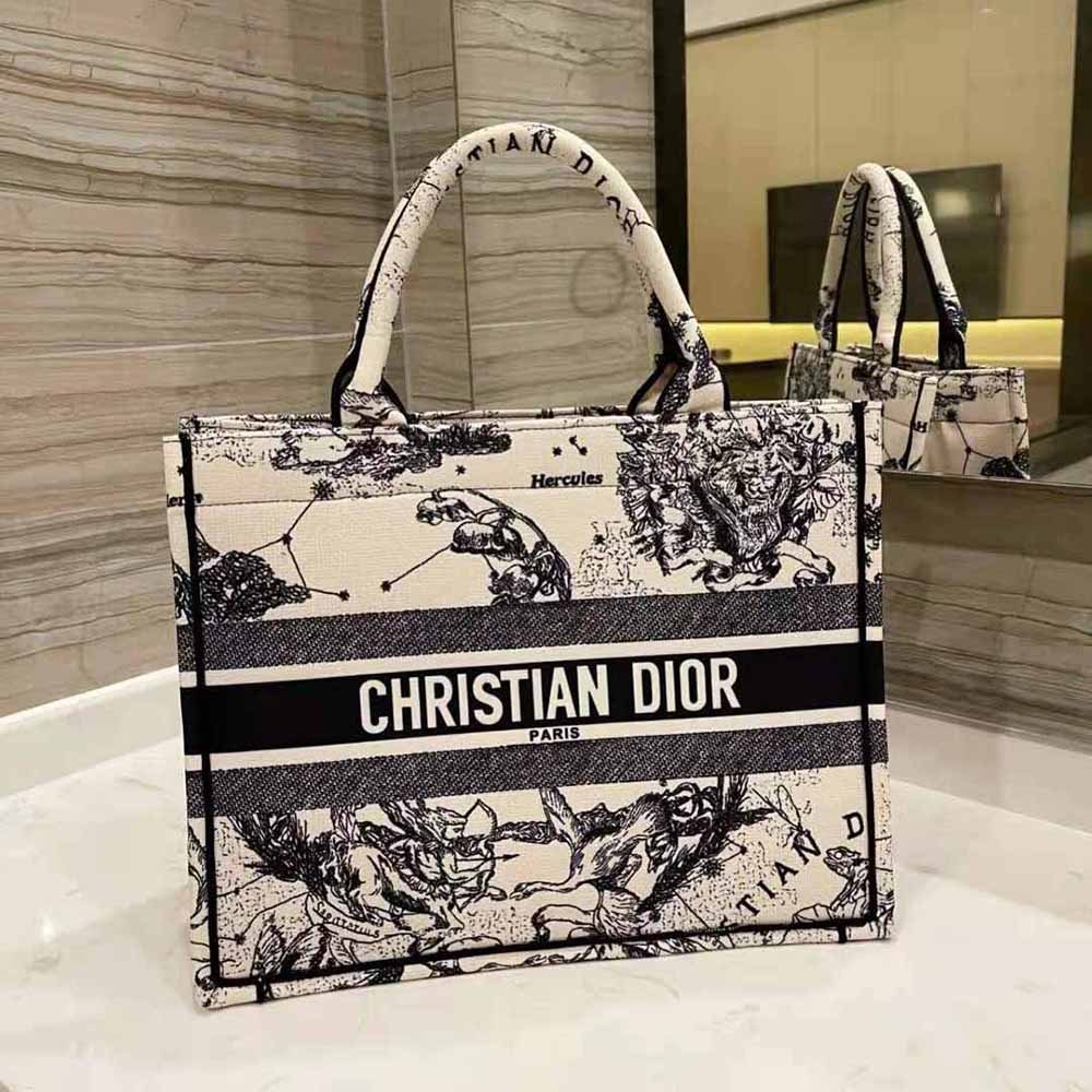 Close-up of multicolor zodiac embroidery on the Small Dior Book Tote