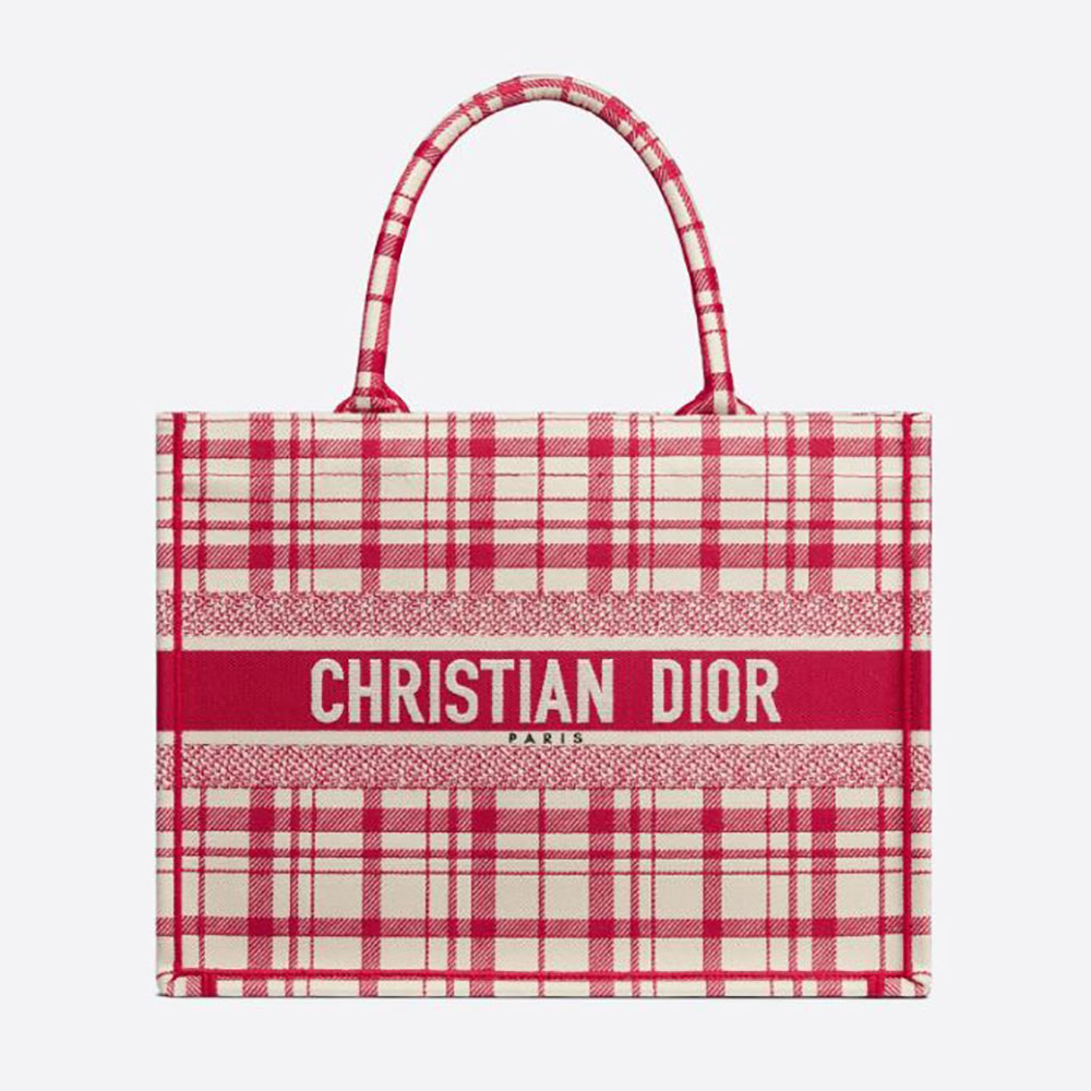 Front angle of Dior Women Small Dior Book Tote Raspberry Check’n’Dior Embroidery