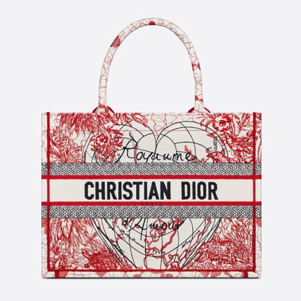 Front view of Dior Women Small Dior Book Tote with red and white embroidery