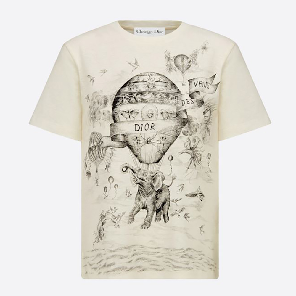 Front view of Dior Women T-shirt Ecru Dior Des Vents Cotton Jersey and Linen