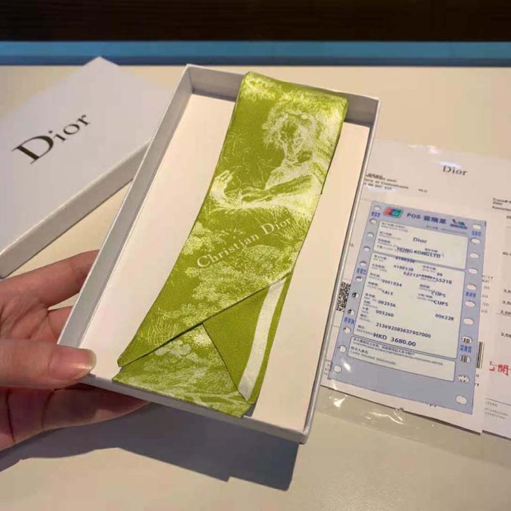 Full view of Dior Women Toile DE Jouy Reverse Mitzah Scarf Silk Twill-Lime square shape
