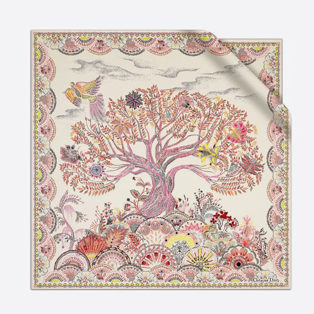 Front view of Dior Women Tree of Life Square Scarf Beige Silk Twill