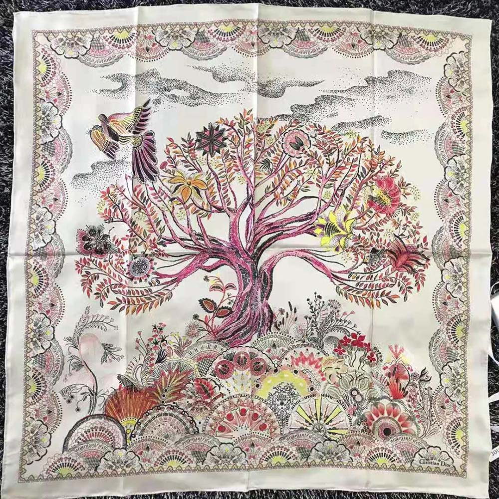 Close-up of silk twill texture and Tree of Life print on scarf