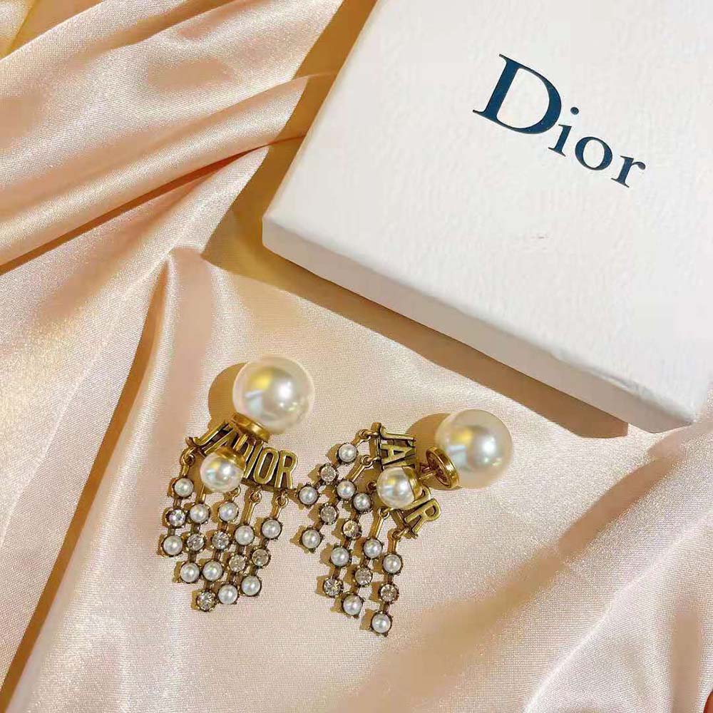 Dior Women Tribales Earrings Antique Gold-Finish Metal with White Resin Pearls - image 9