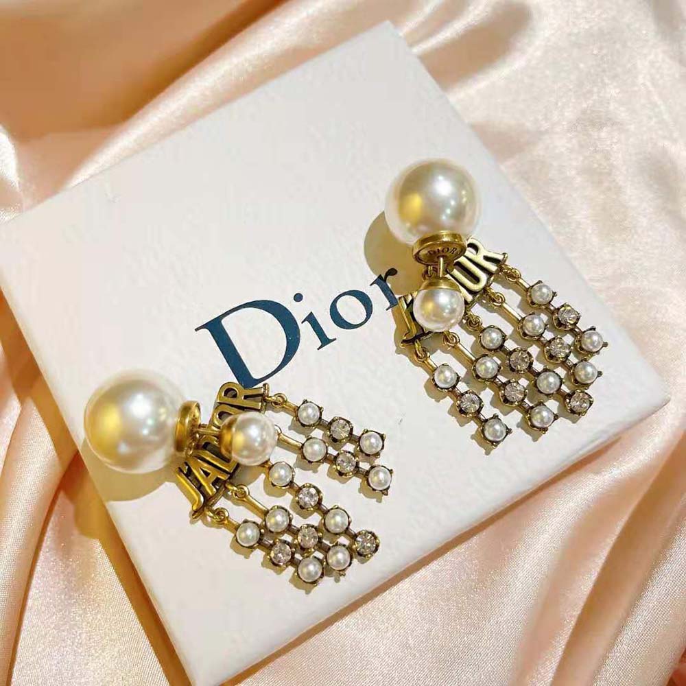 Dior Women Tribales Earrings Antique Gold-Finish Metal with White Resin Pearls - image 8