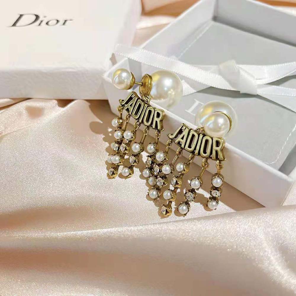 Dior Women Tribales Earrings Antique Gold-Finish Metal with White Resin Pearls - image 7