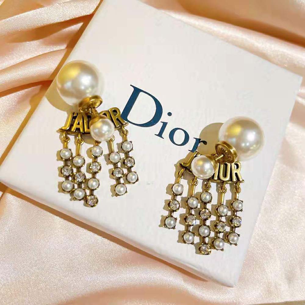 Dior Women Tribales Earrings Antique Gold-Finish Metal with White Resin Pearls - image 6