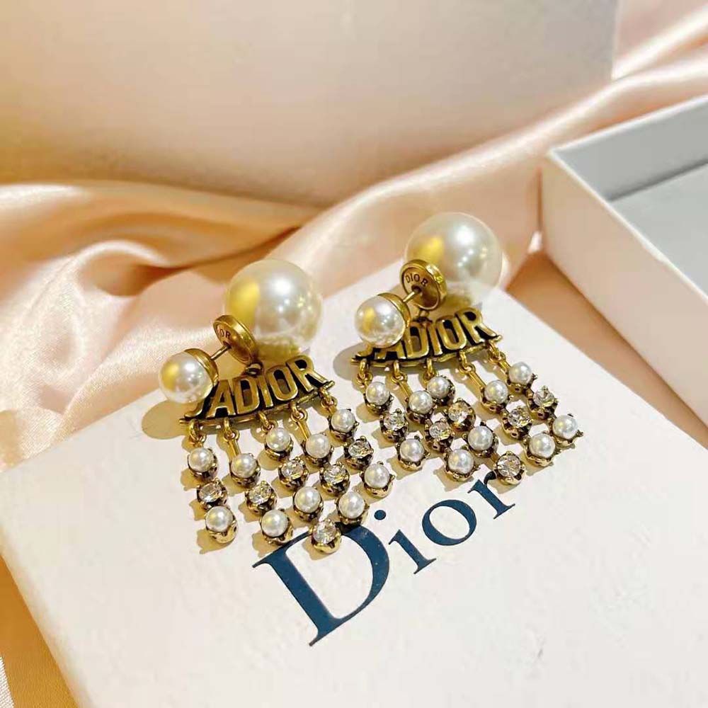 Dior Women Tribales Earrings Antique Gold-Finish Metal with White Resin Pearls - image 5