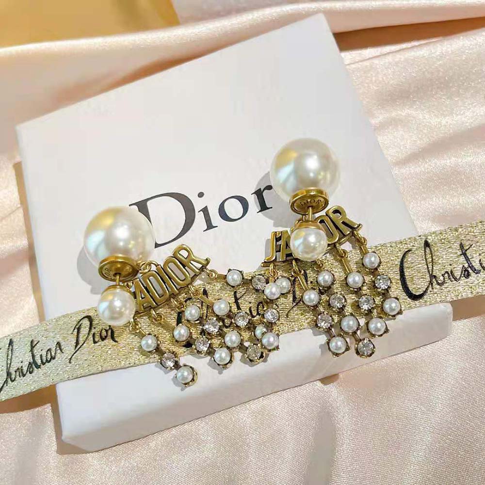 Dior Women Tribales Earrings Antique Gold-Finish Metal with White Resin Pearls - image 4
