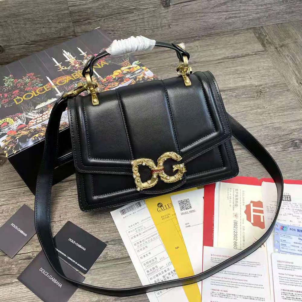 Close-up of gold-tone D&G hardware on Amore Bag in black calfskin