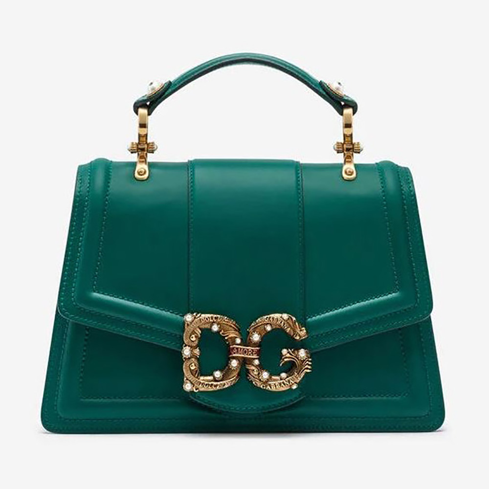 Front angle of Dolce Gabbana D&G Women Amore Bag in green calfskin leather