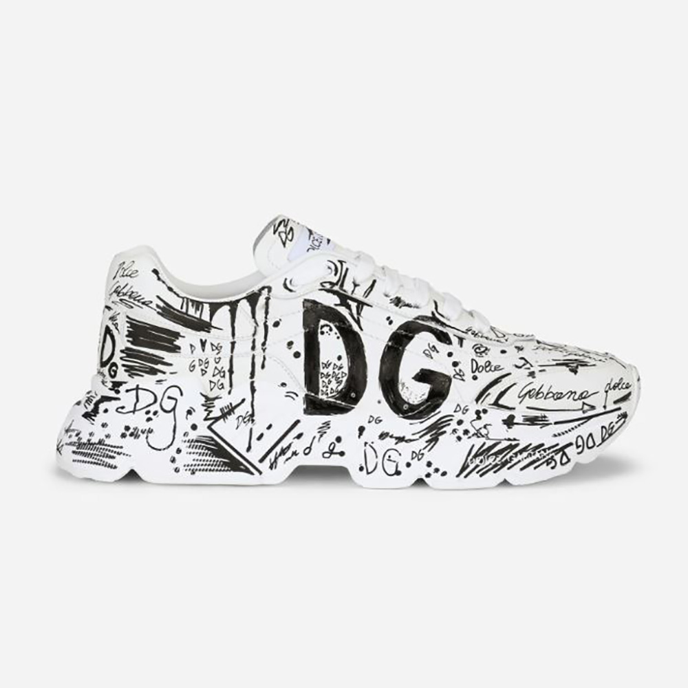 Side profile of Dolce Gabbana D&G Women Hand-Painted Graffiti Calfskin Nappa Daymaster Sneakers