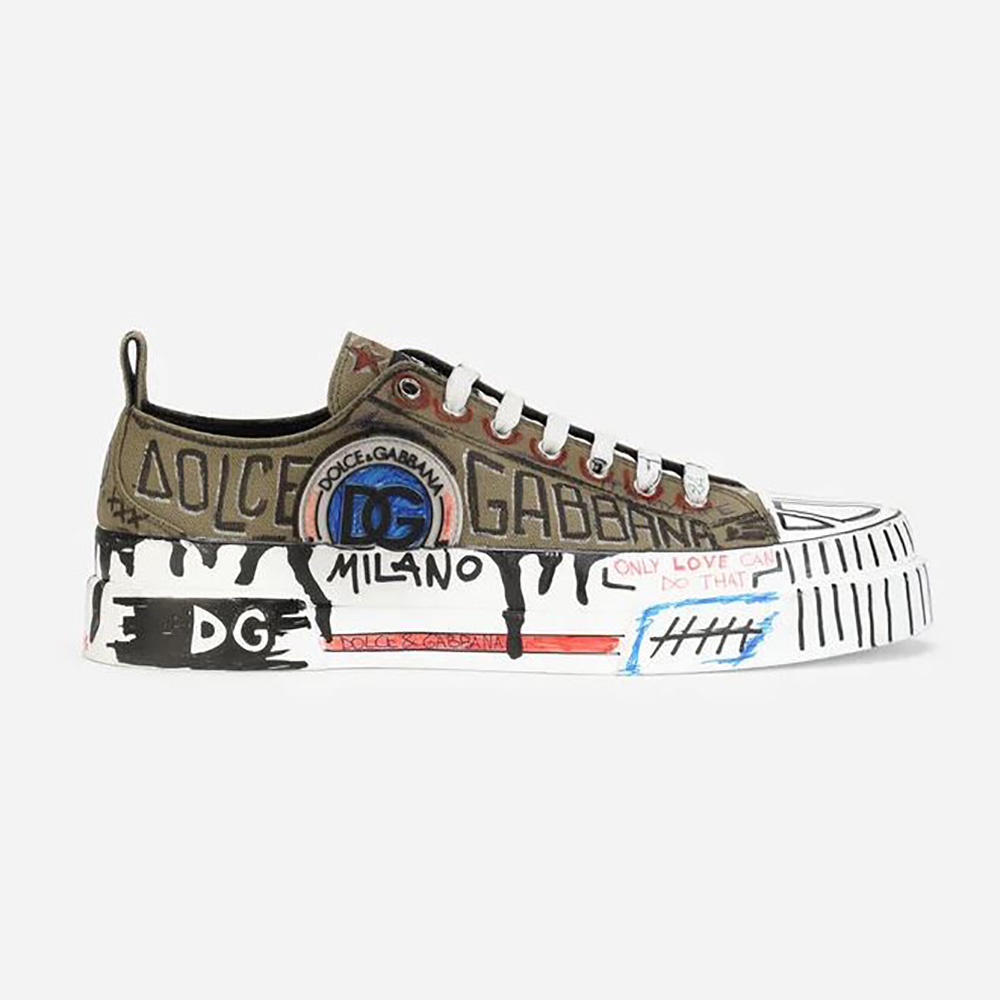 Side view of Dolce Gabbana D&G Women Hand-Painted Graffiti Canvas Portofino Light Sneakers
