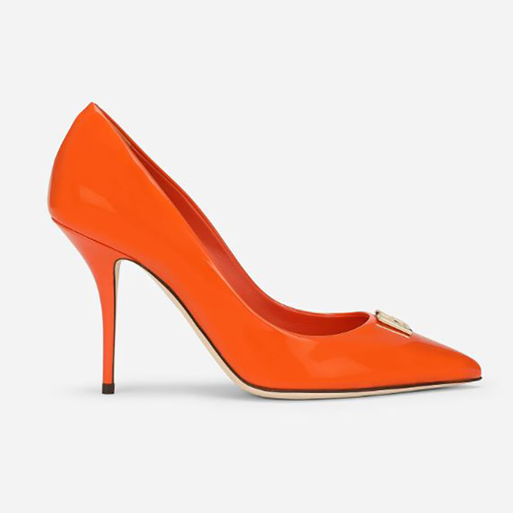 Side view of Dolce Gabbana D&G Women Patent Leather Pumps with DG Logo in orange