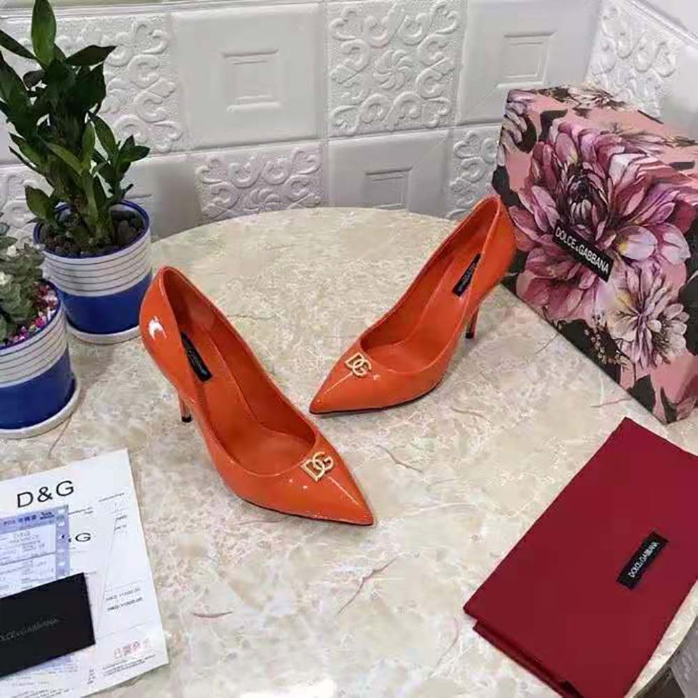 Top angle showing slip-on silhouette of Dolce Gabbana D&G Women Patent Leather Pumps