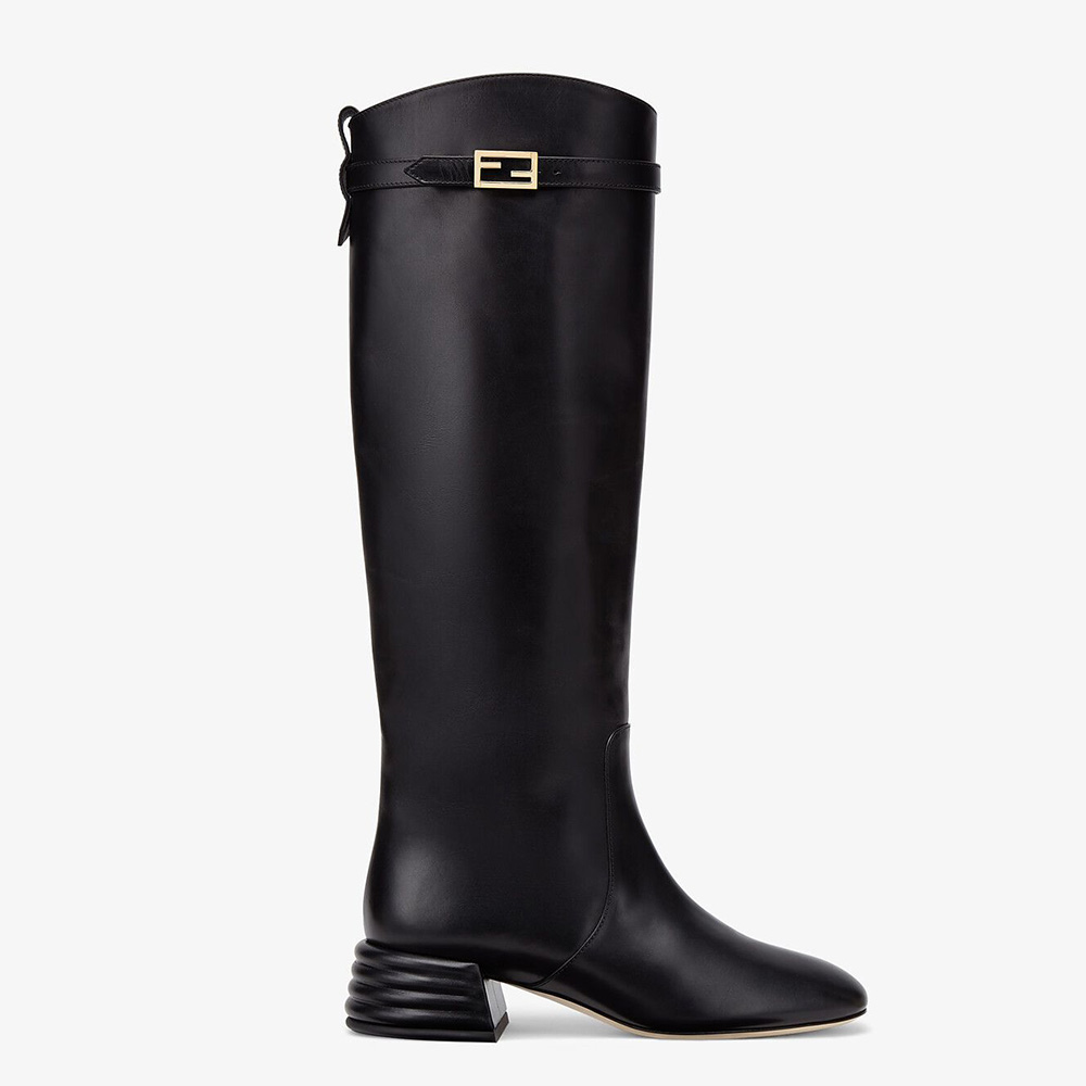 Side view of Fendi Women Boots Black in Calfskin Leather showing zipper