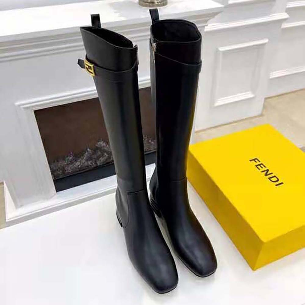 Front angle of Fendi Women Boots Black in Calfskin Leather on display