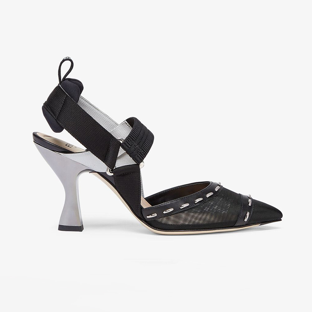 Side view of Fendi Women Colibri Black Mesh High-Heel Slingbacks