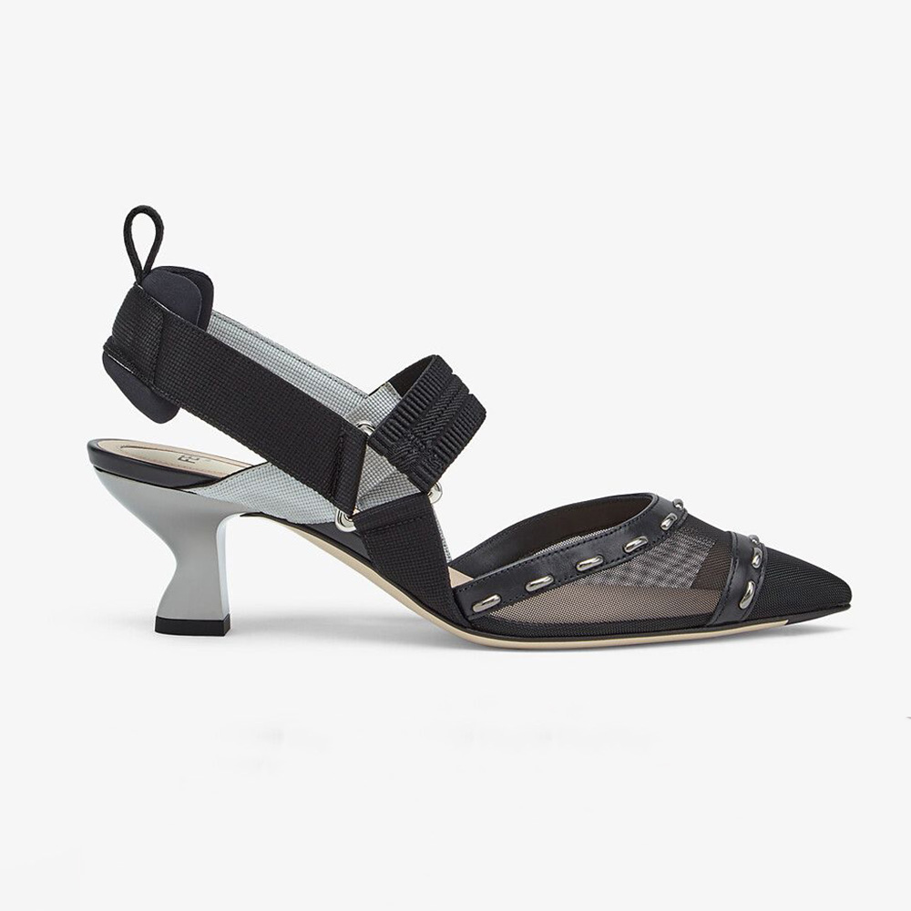 Side view of Fendi Women Colibri Black Mesh Medium-Heel Slingbacks showing silhouette
