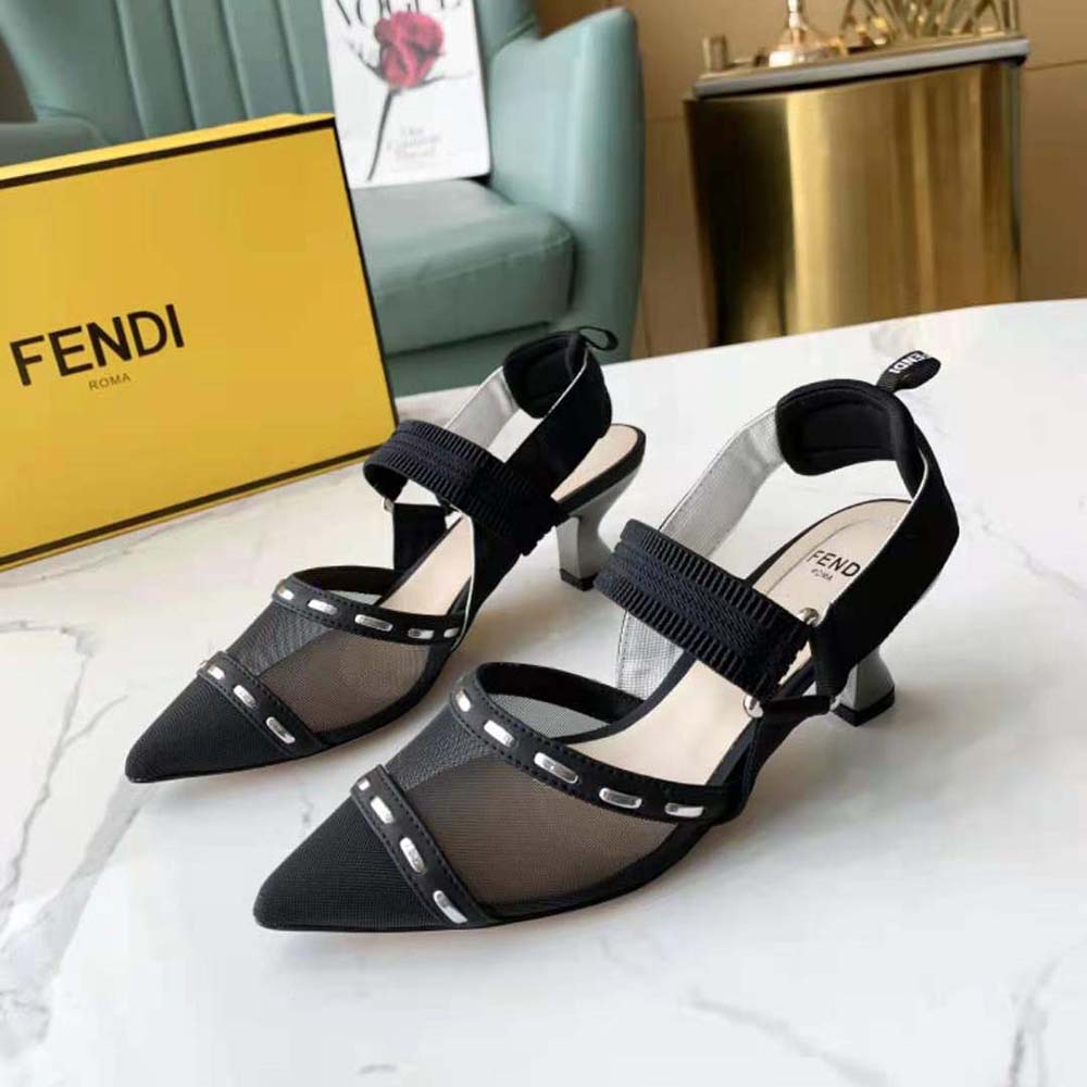 Close-up of metal stitch details on Fendi Women Colibri Black Mesh Slingbacks