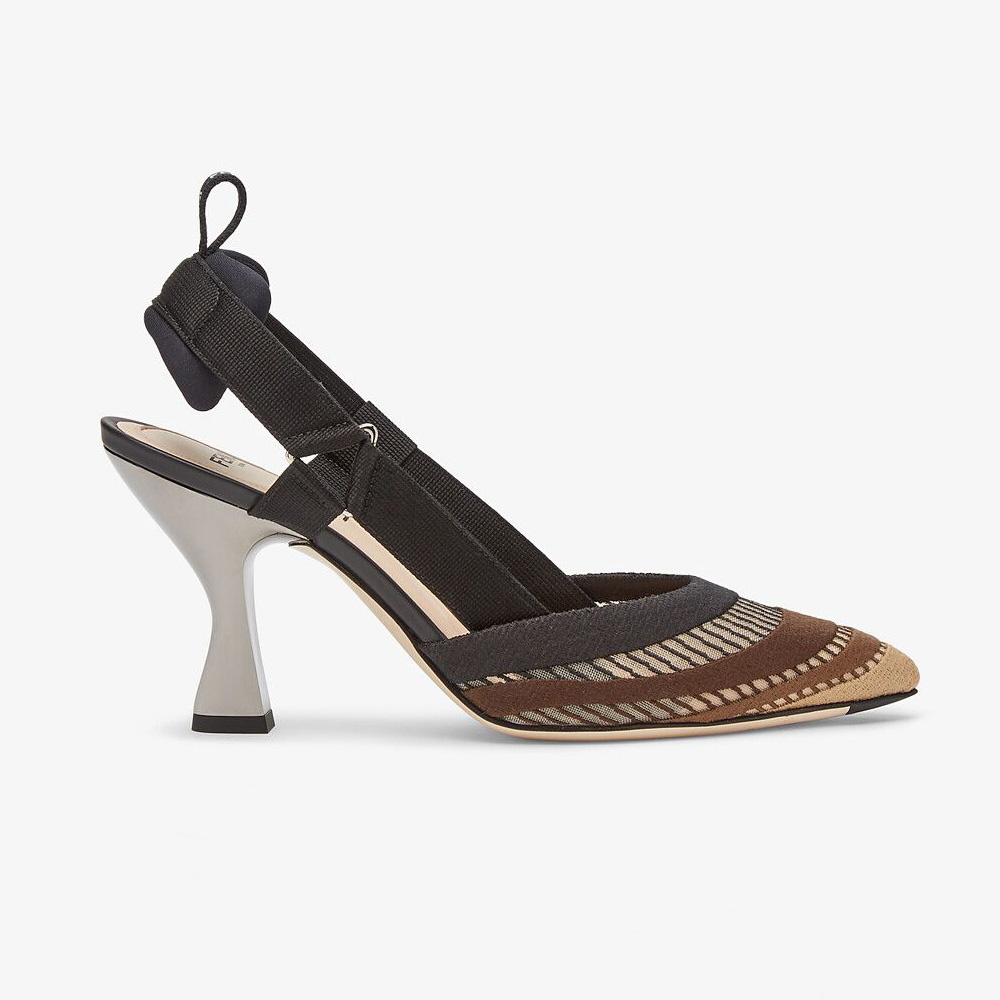 Side view of Fendi Women Colibri Black Micromesh High-Heeled Slingbacks showing heel height