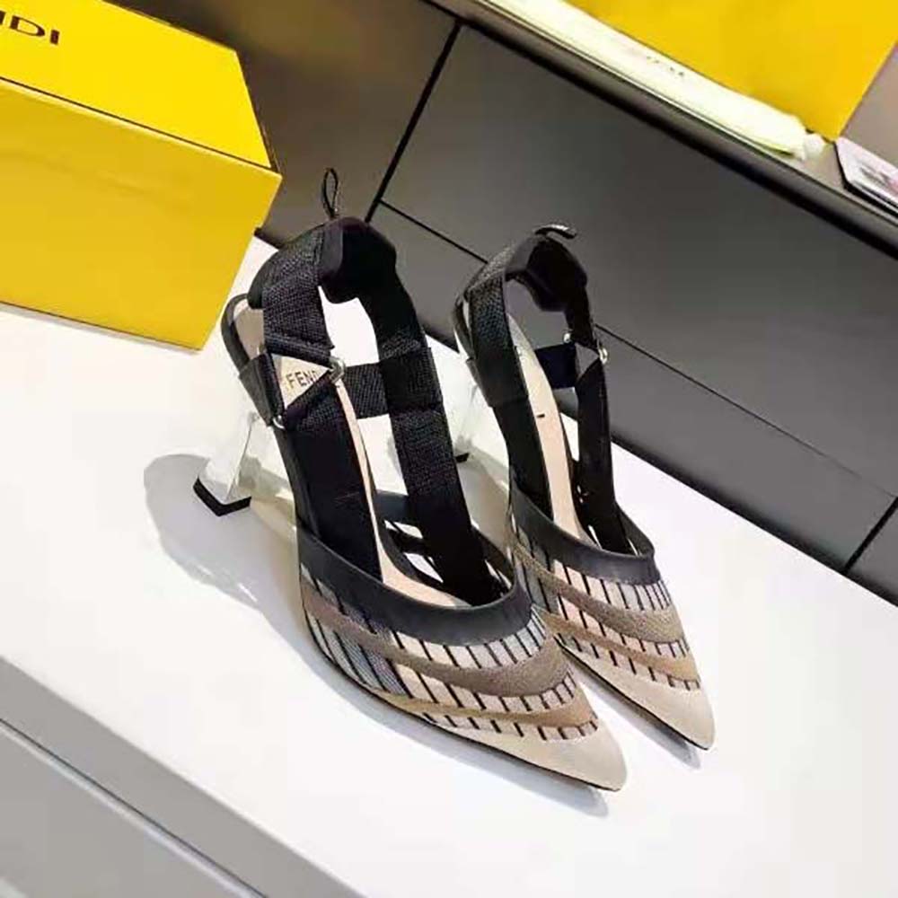 Top angle of Fendi Women Colibri Black Micromesh High-Heeled Slingbacks highlighting mesh texture