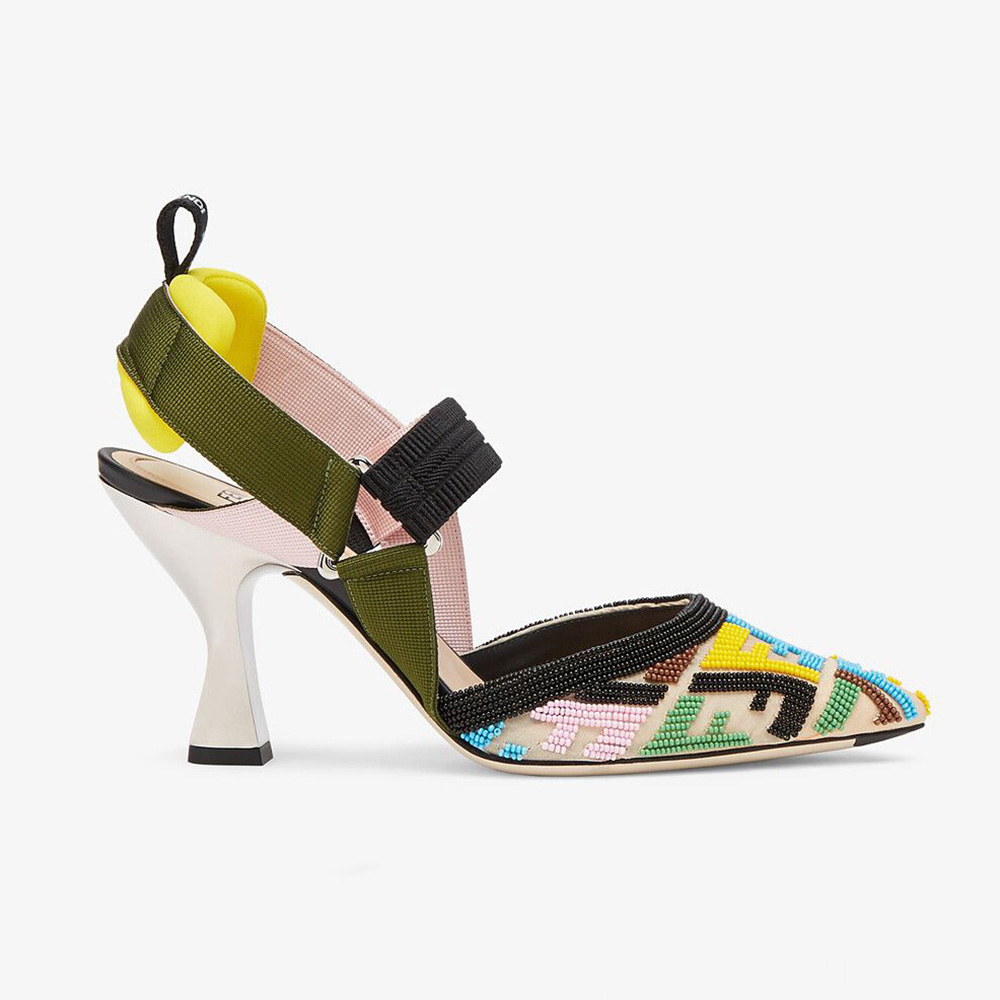 Side view of Fendi Women Colibri High-Heeled Slingbacks with multicolor beads