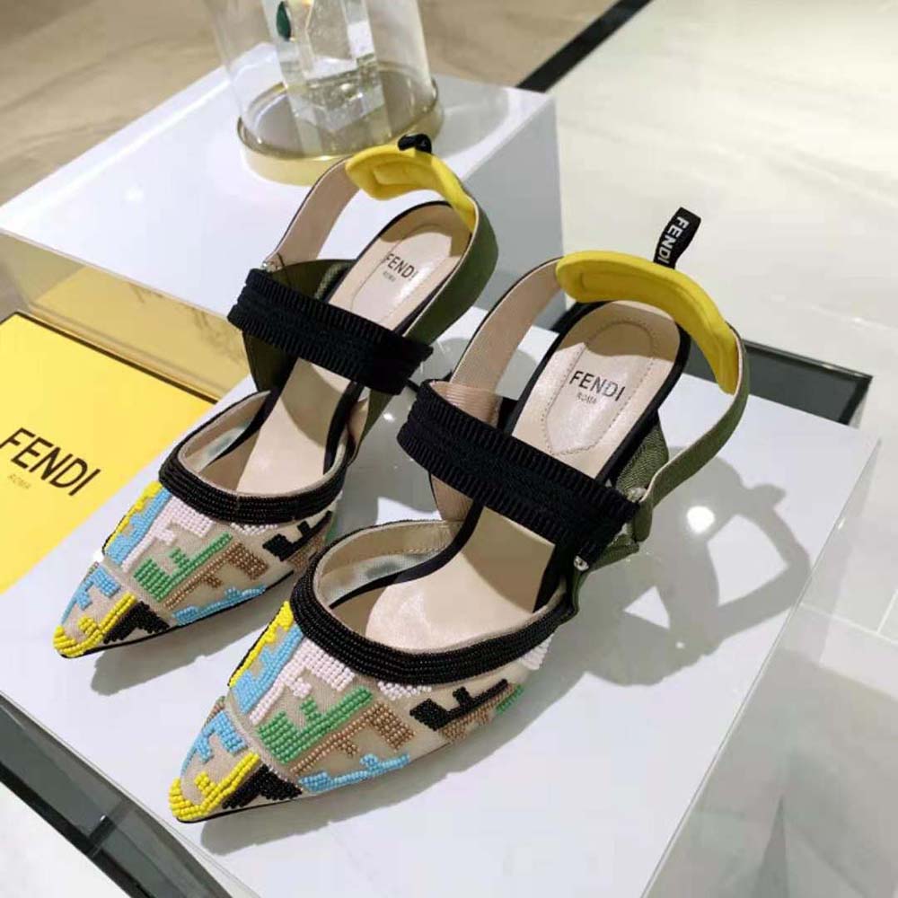 Close-up on bead detailing of Fendi Women Colibri High-Heeled Slingbacks