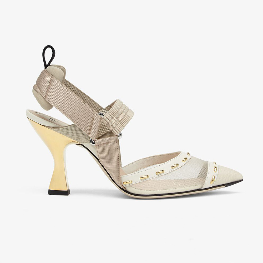 Side view of Fendi Women Colibri Pink Mesh High-Heel Slingbacks