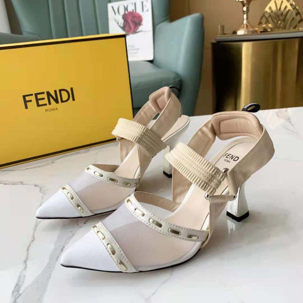 Close-up of metal stitch detailing on Fendi Colibri slingbacks