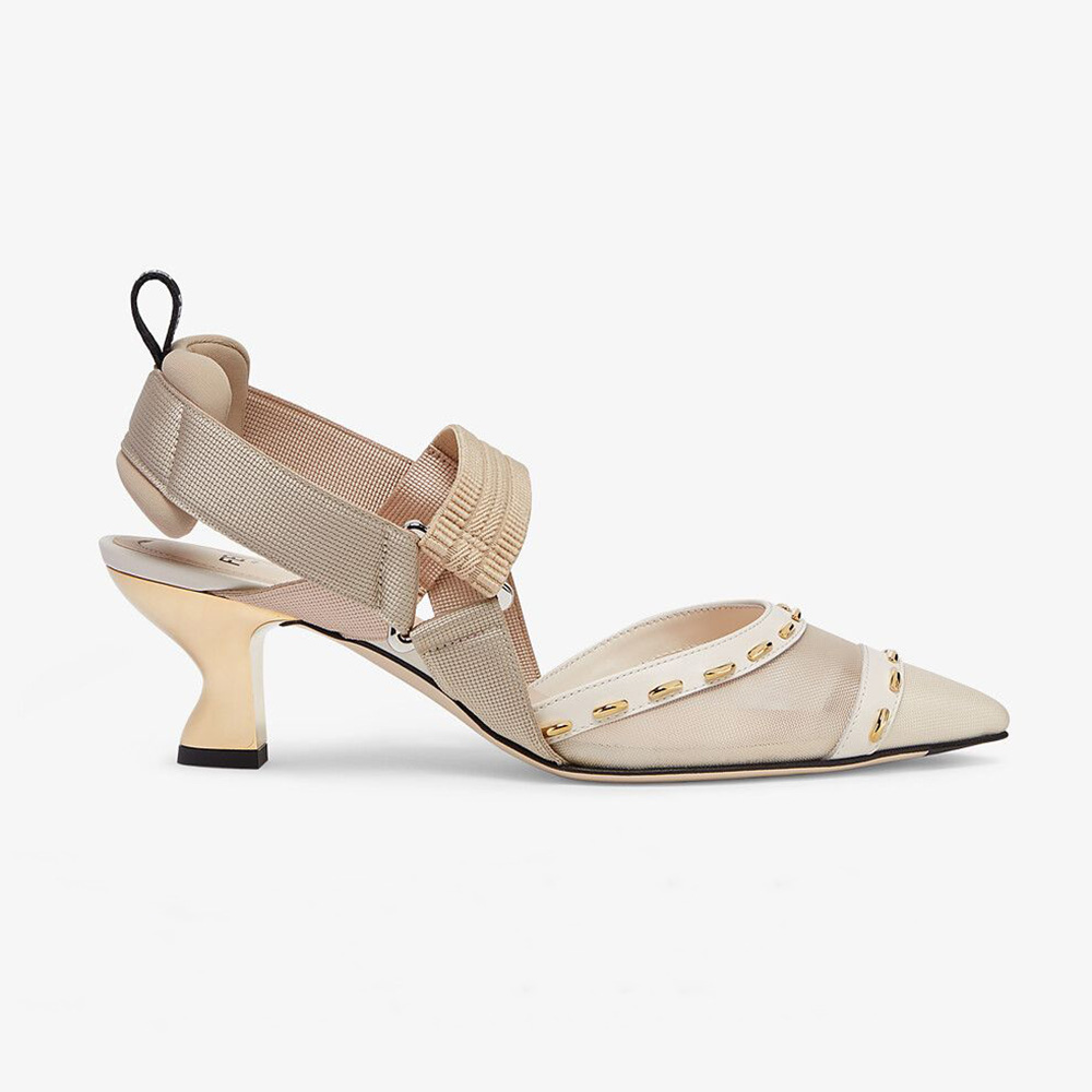 Side view of Fendi Women Colibri Pink Mesh Medium-Heel Slingbacks