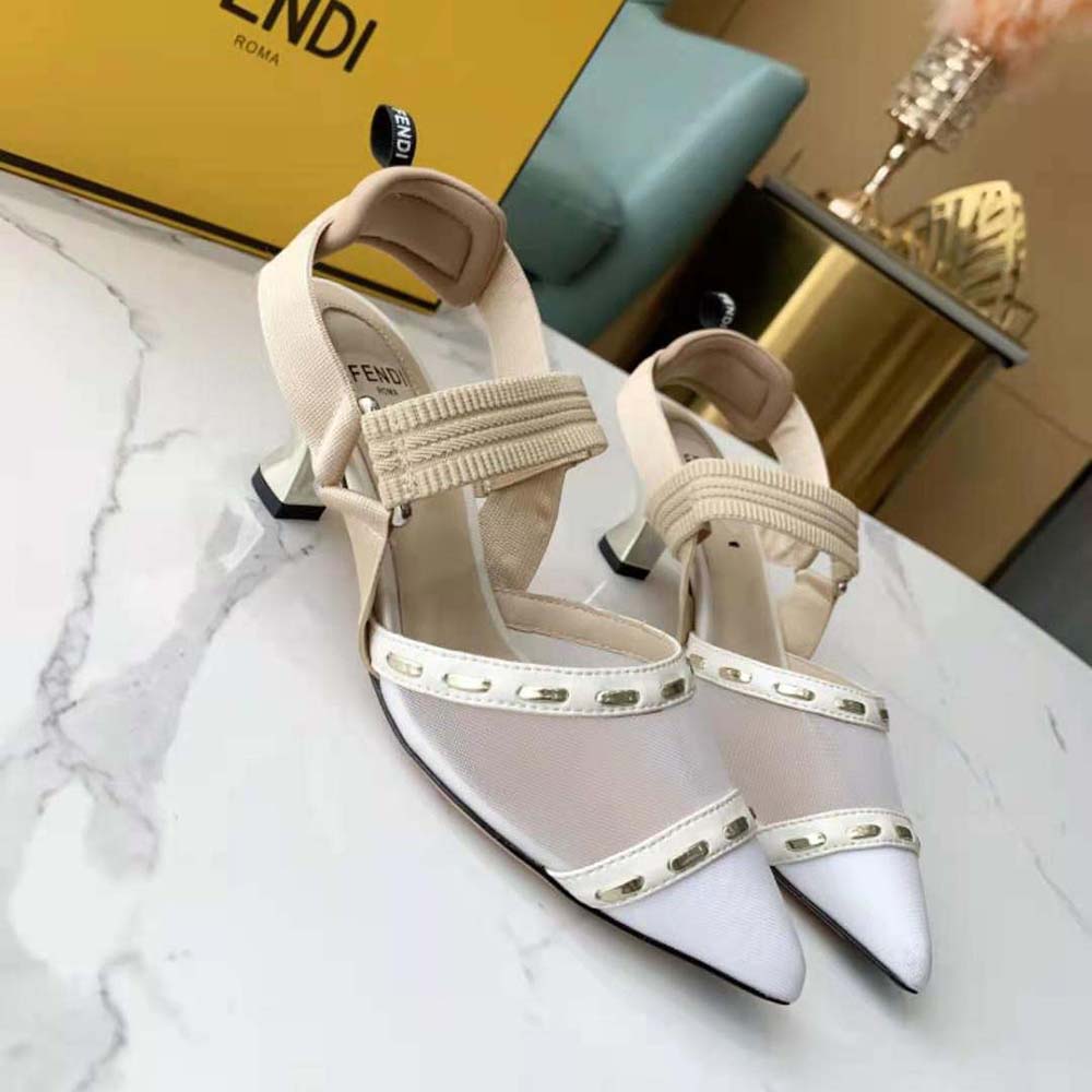 Close-up on metal stitch detailing of Fendi Women Colibri Pink Mesh Slingbacks