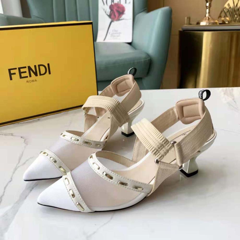 Rear angle showing adjustable strap on Fendi Women Colibri Pink Mesh Slingbacks