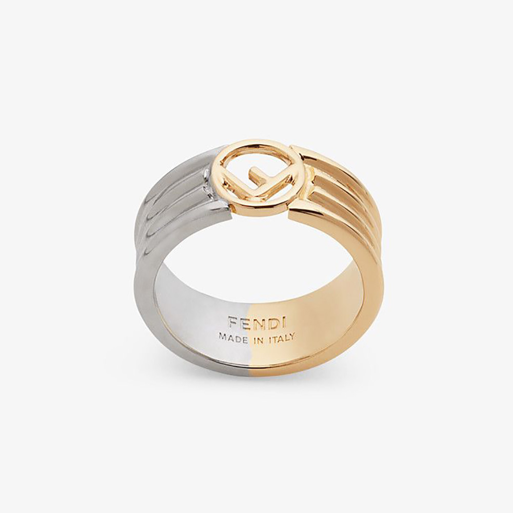 Front view of Fendi Women F is Fendi Gold and Palladium Ring