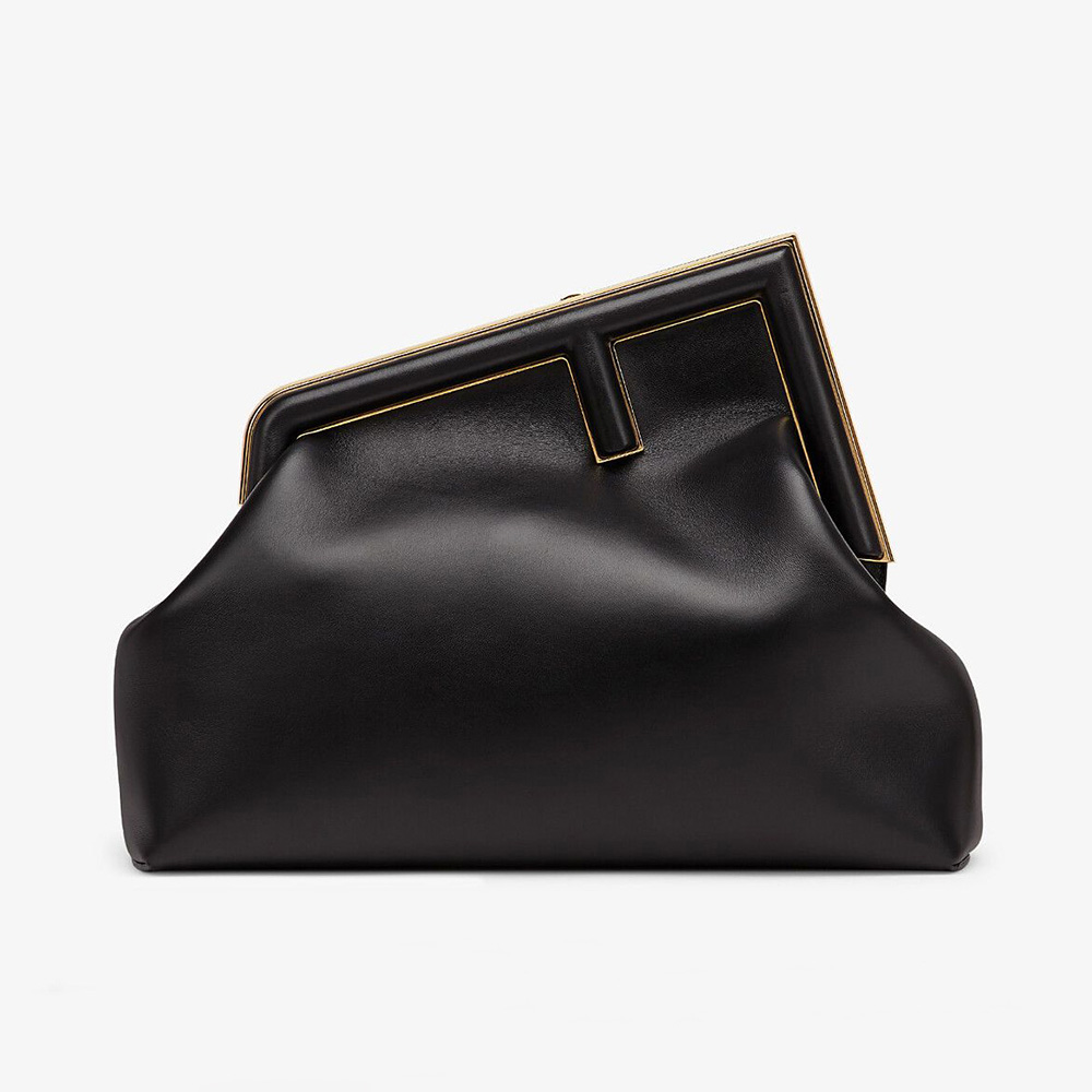 Front view of Fendi Women First Medium Nappa Leather Bag-Black showing gold hardware