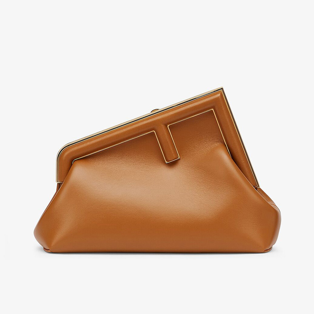 Front view of Fendi Women First Small Nappa Leather Bag-Brown with gold closure