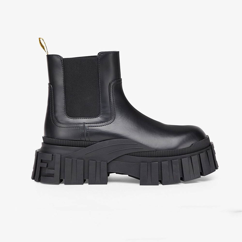 Side view of Fendi Women Force Black Leather Chelsea Boots showing silhouette