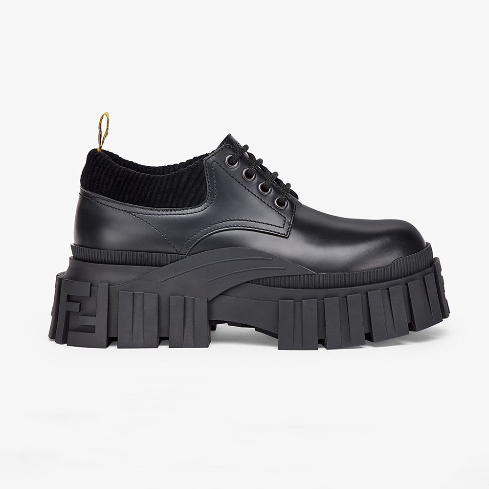 Side view of Fendi Women Force Black Leather Lace-ups highlighting sleek silhouette