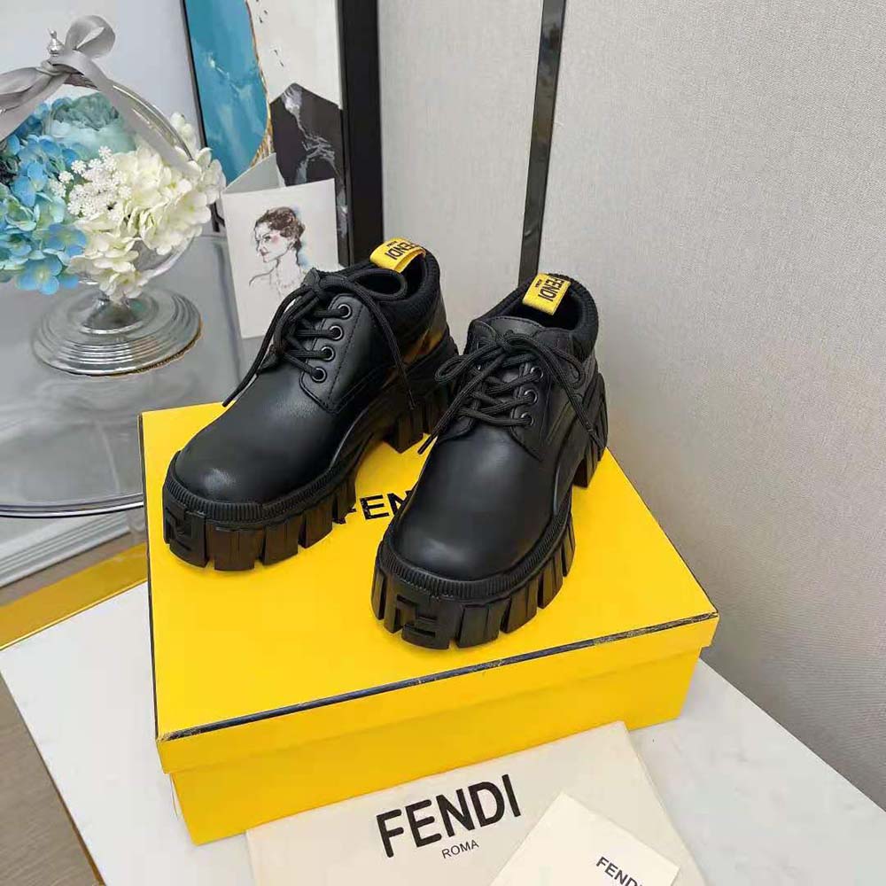 Overhead shot of Fendi Women Force Black Leather Lace-ups showing lace details