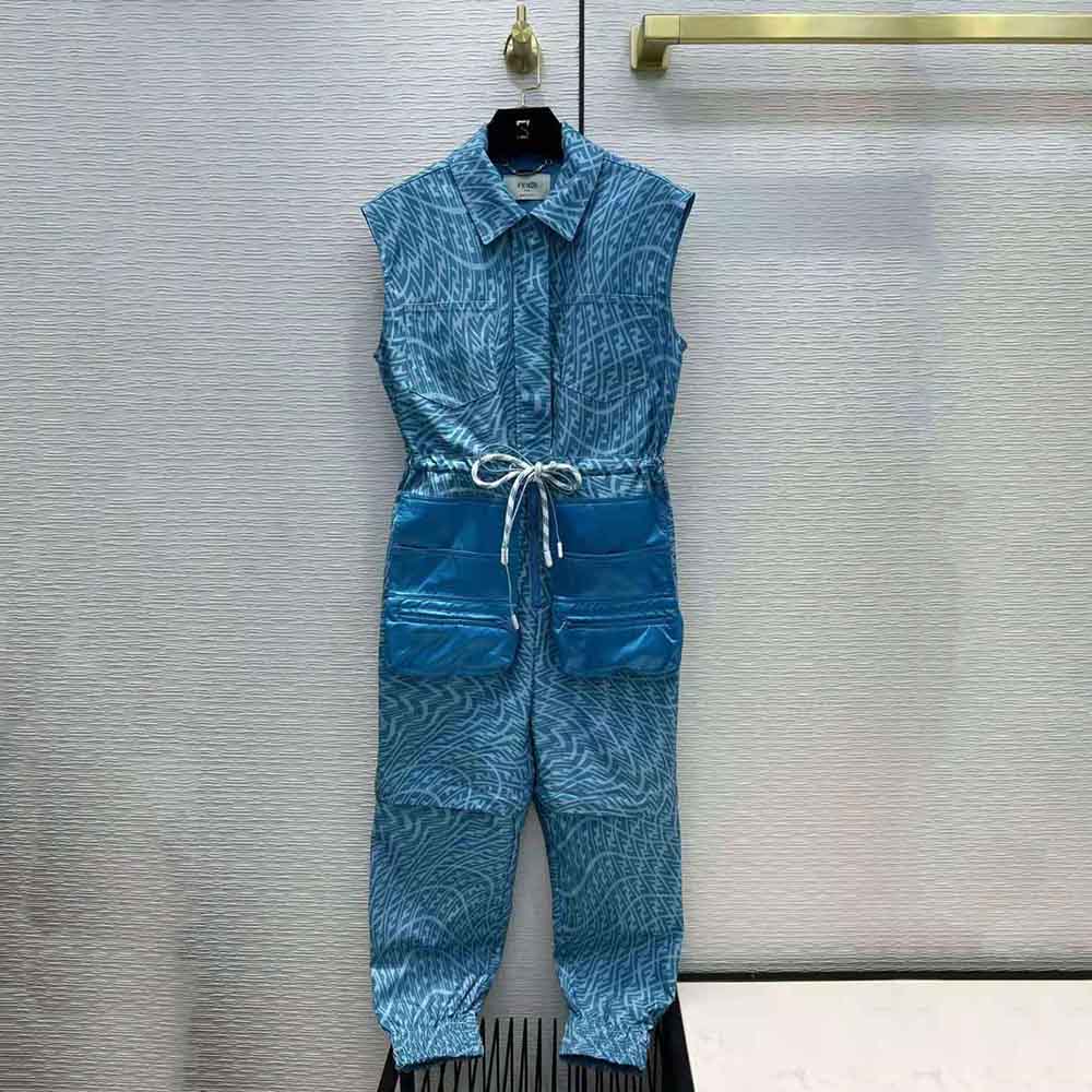 Side profile of Fendi Women Jumpsuit Light Blue Denim Jumpsuit showing tapered legs