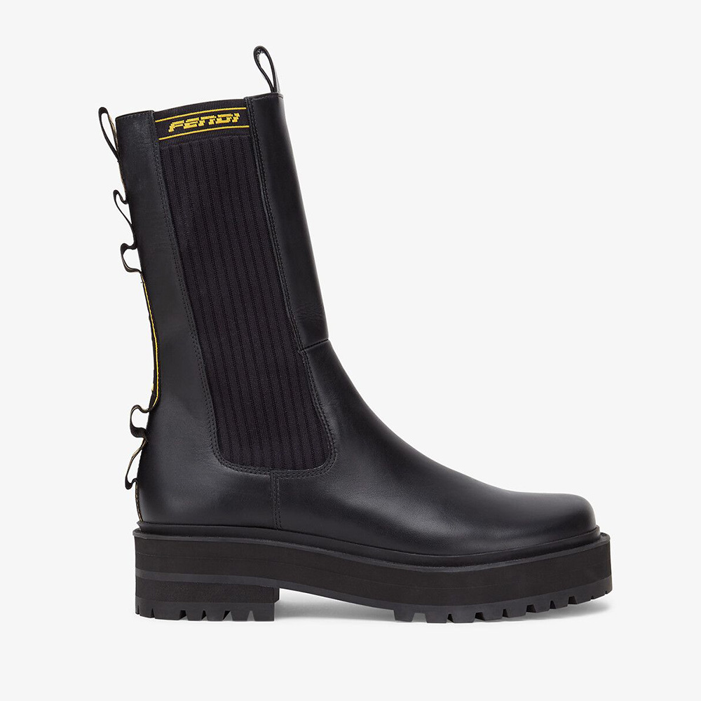 Side view of Fendi Women Promenades Black Leather Biker Boots